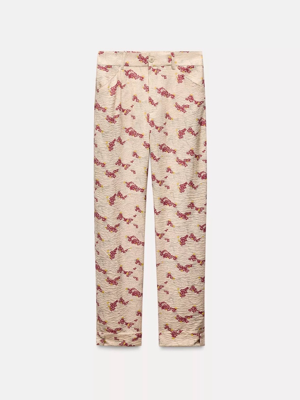 ZARA Cream Floral-Print Straight-Leg Pants